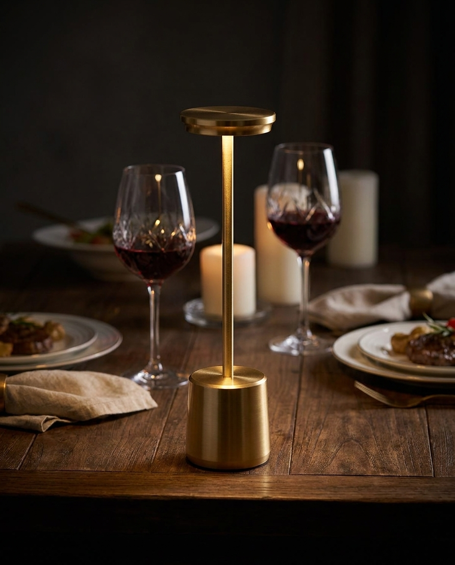 Lumen gold cordless LED table lamp on a dining table