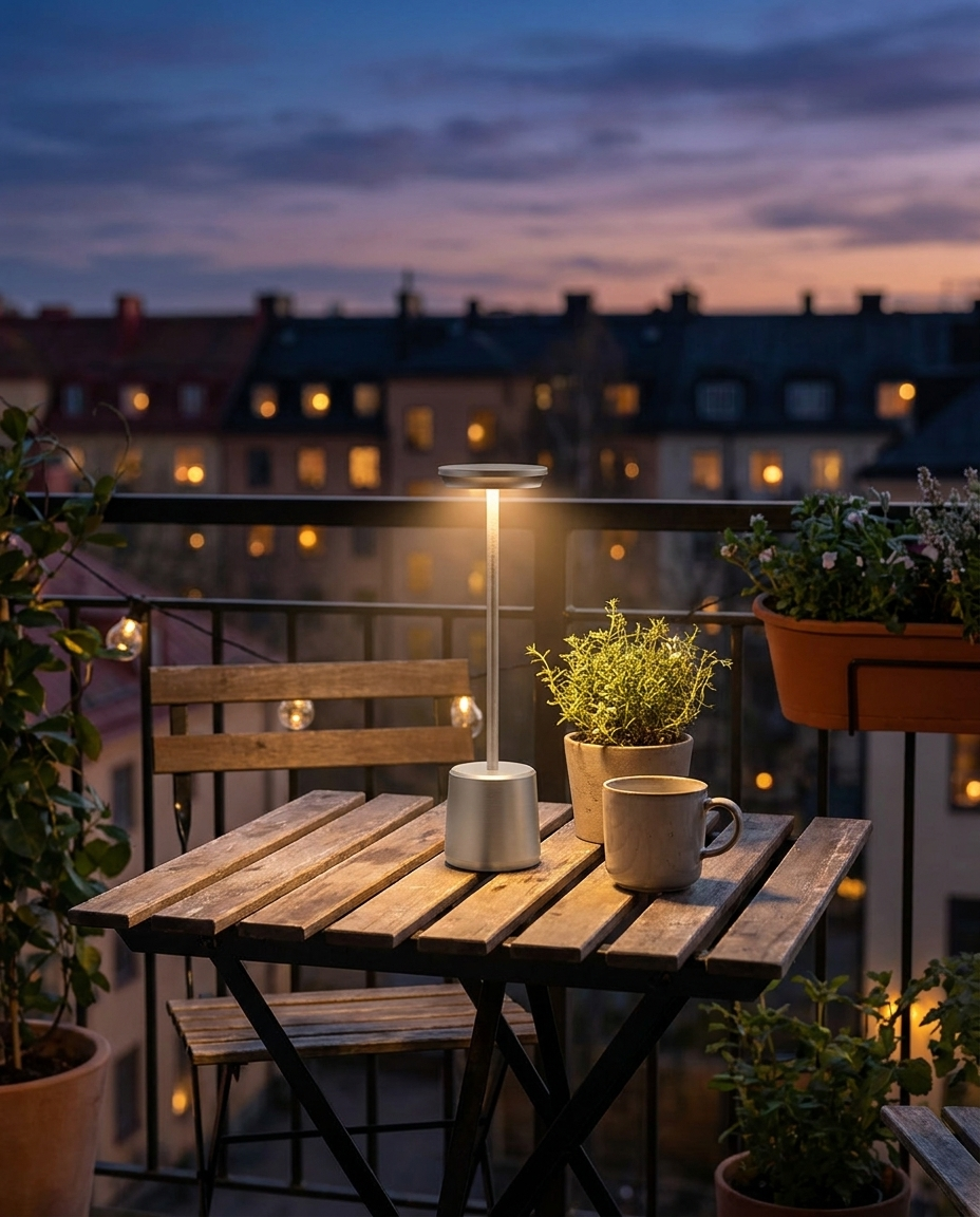 Lumen gray cordless LED table lamp on a balcony bistro table
