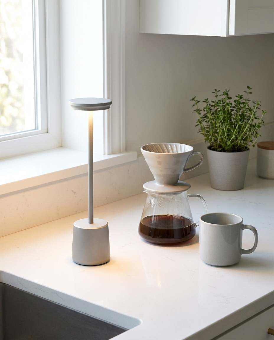 Lumen gray cordless LED table lamp on a kitchen counter