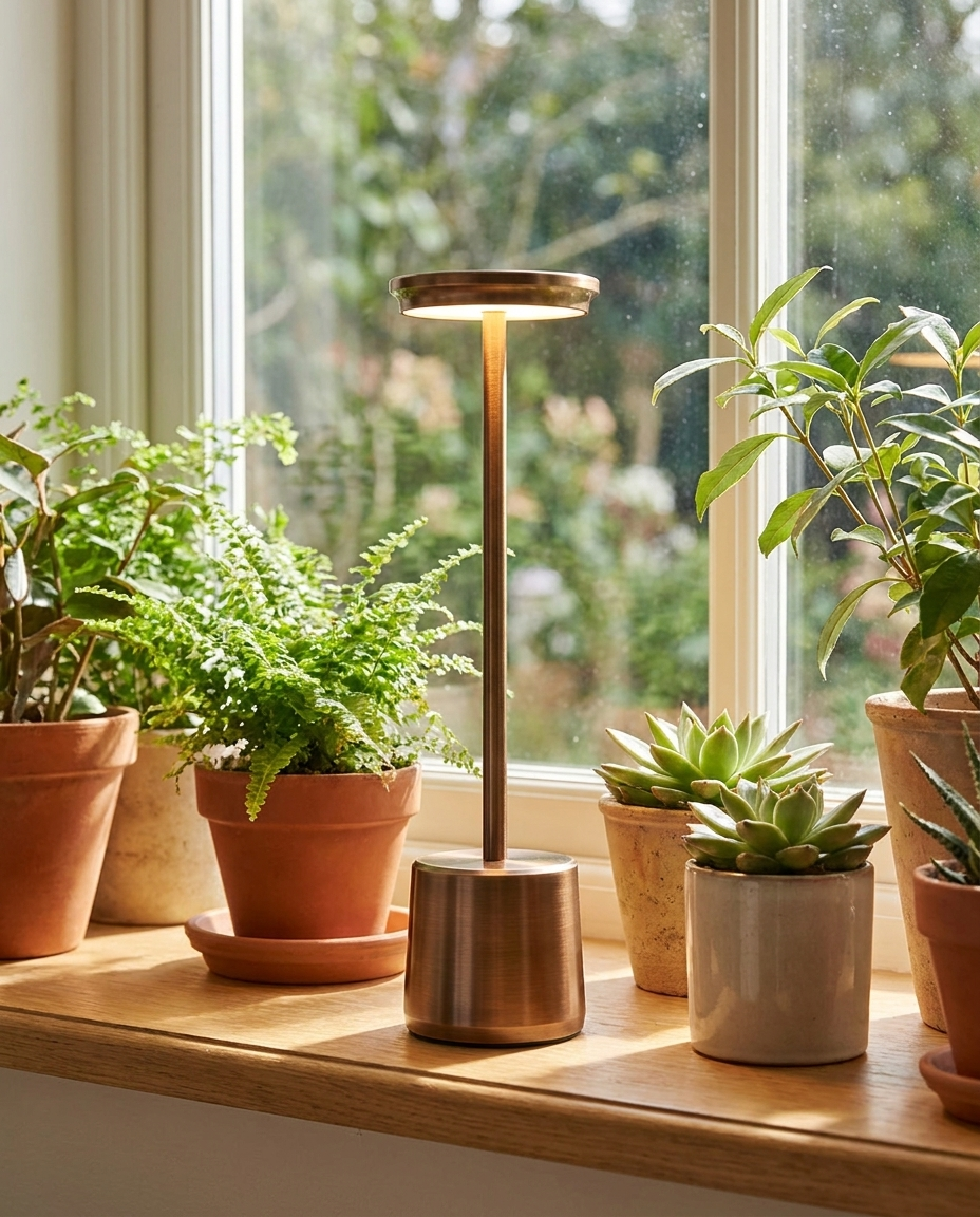 Lumen bronze cordless LED table lamp on a sunny windowsill