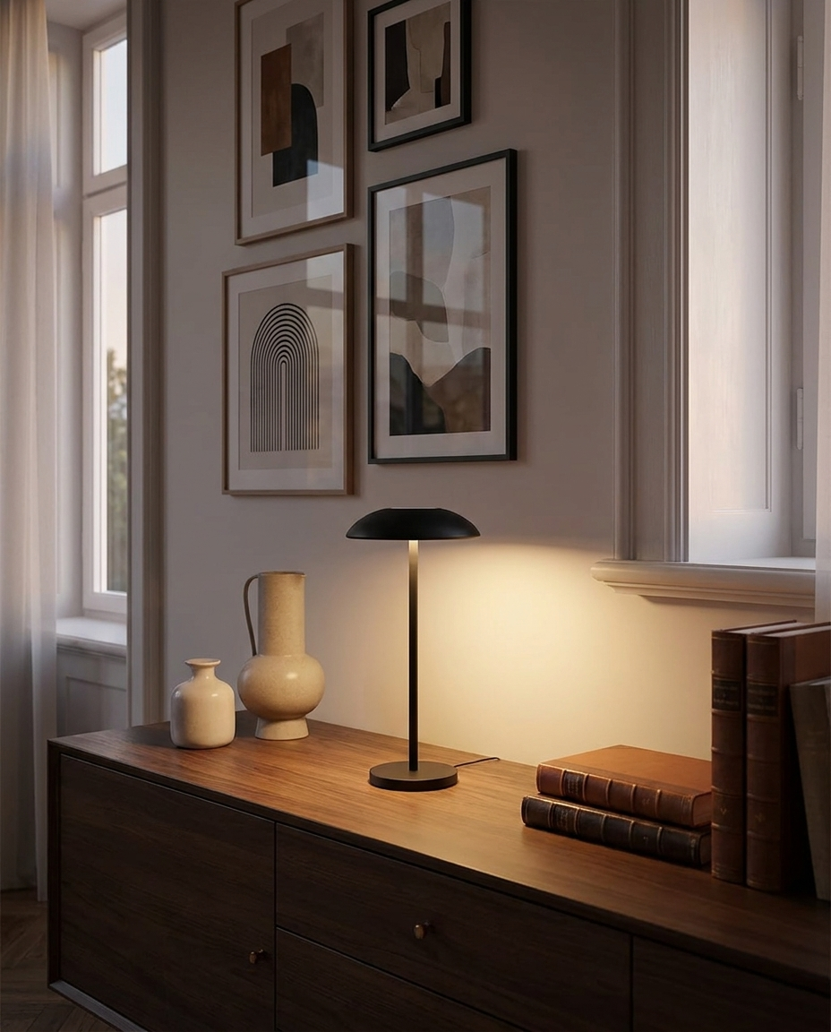 Vela black contemporary LED table lamp on a living room console