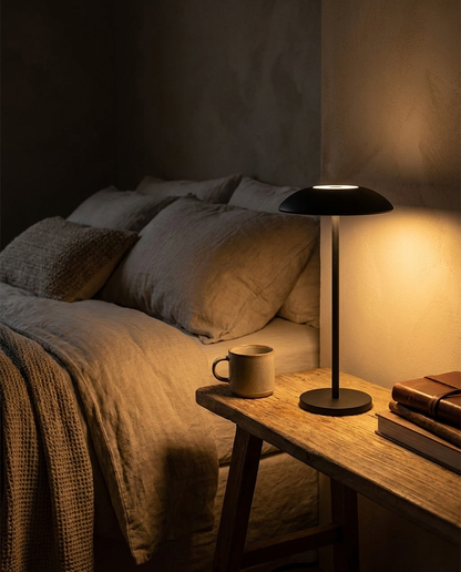 Vela black contemporary LED table lamp on a bedroom nightstand at night