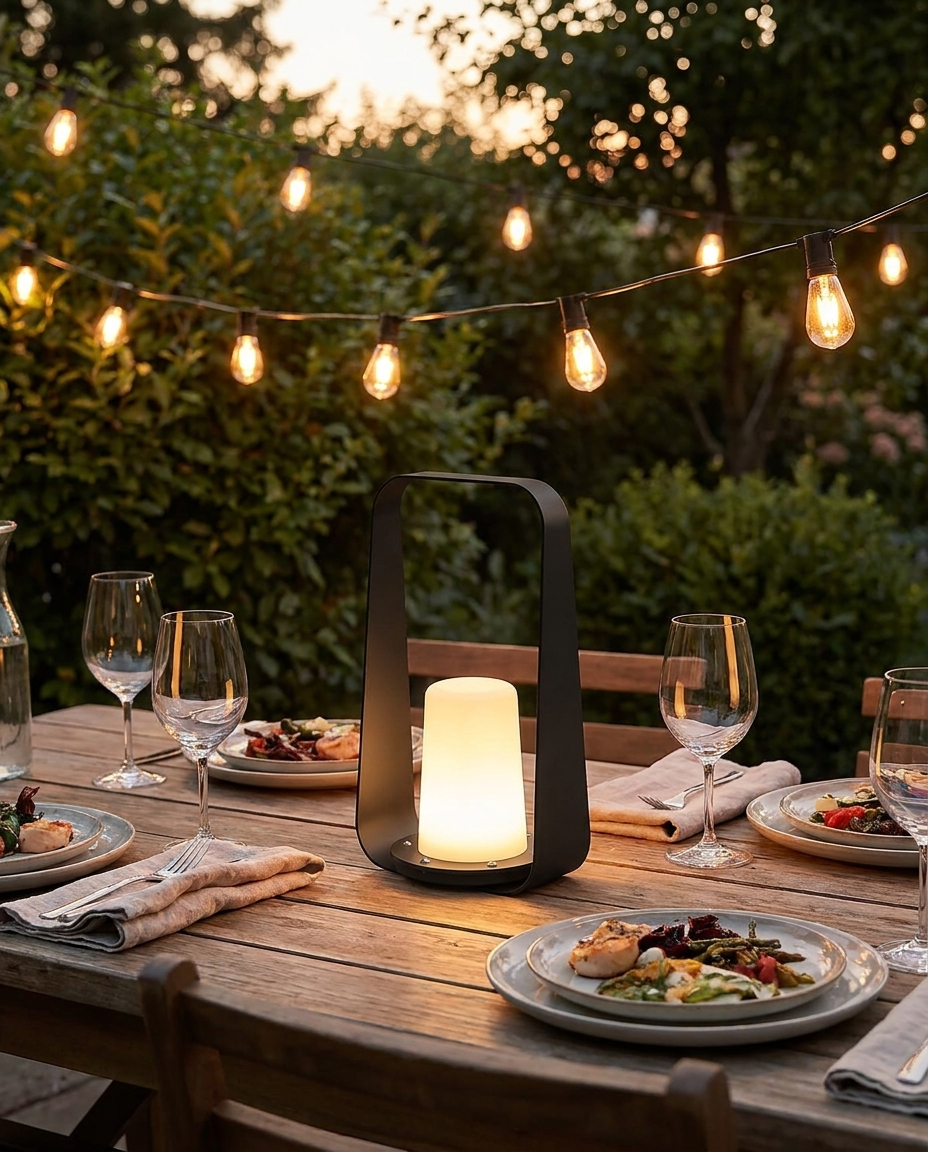 Marin black waterproof outdoor lamp on an outdoor dinner table