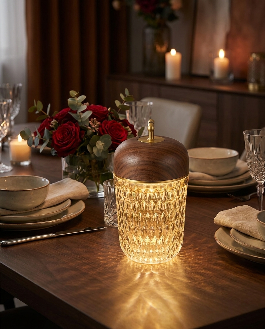 Calice walnut cup glass table lamp on a dining table