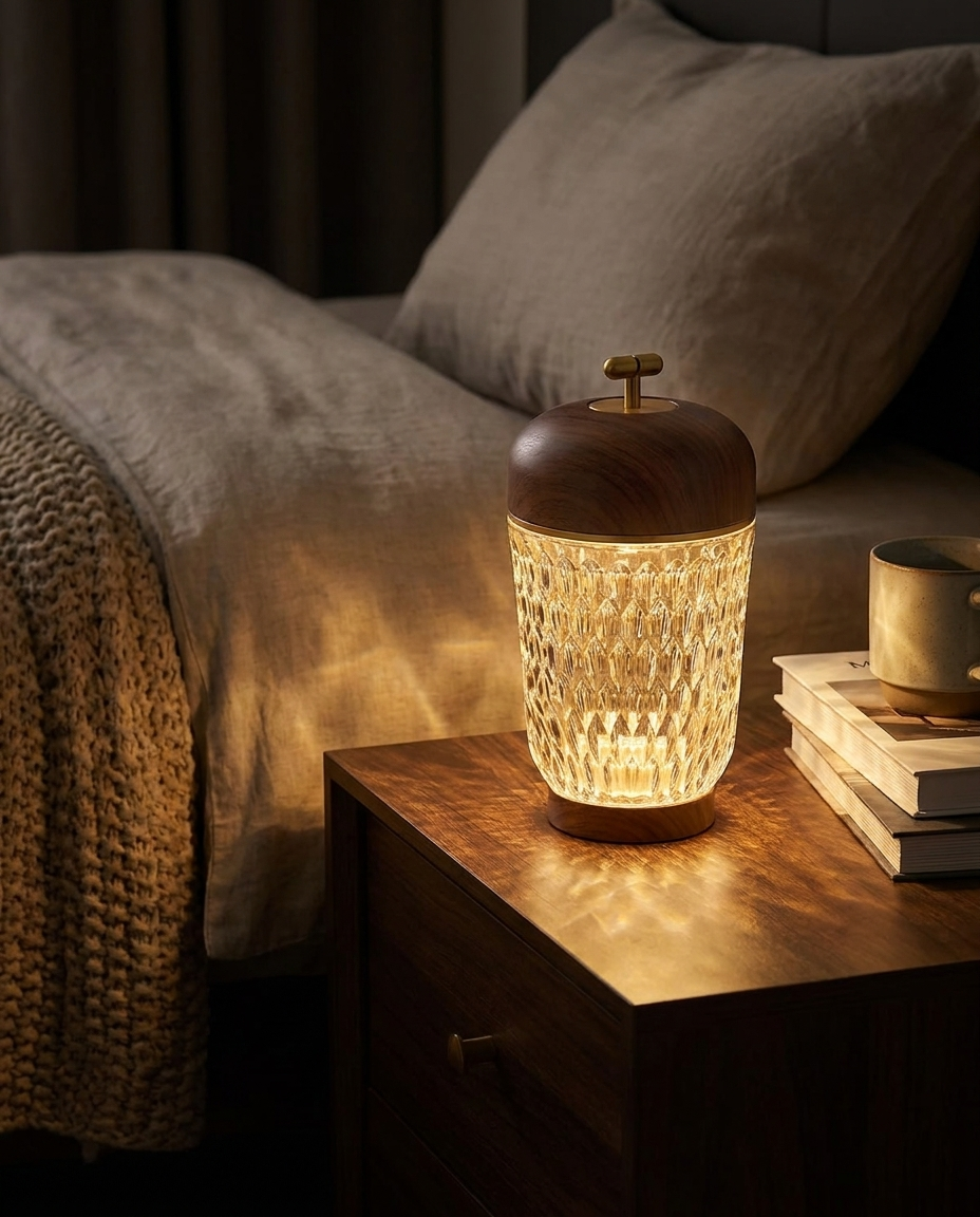 Calice walnut cup glass table lamp on a bedroom nightstand