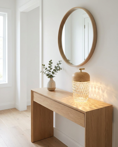 Calice wood cup glass table lamp on an entryway console
