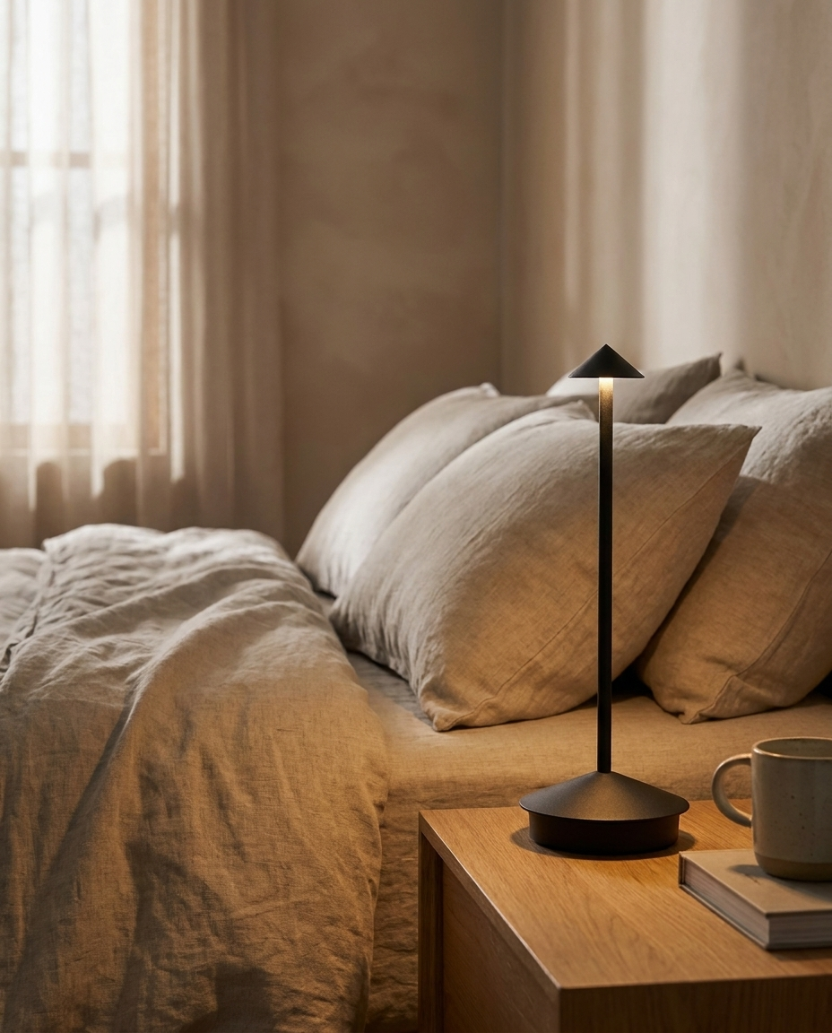 Pina black cordless mushroom-top table lamp on a bedroom nightstand