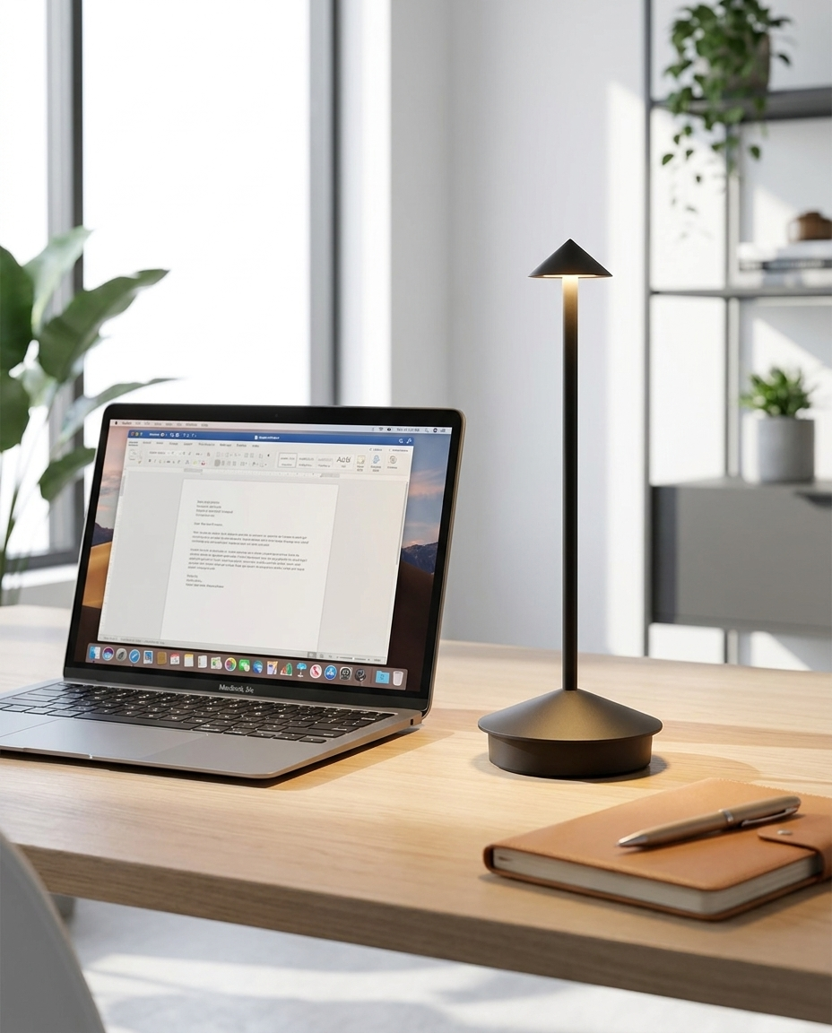 Pina black cordless mushroom-top table lamp on a home office desk