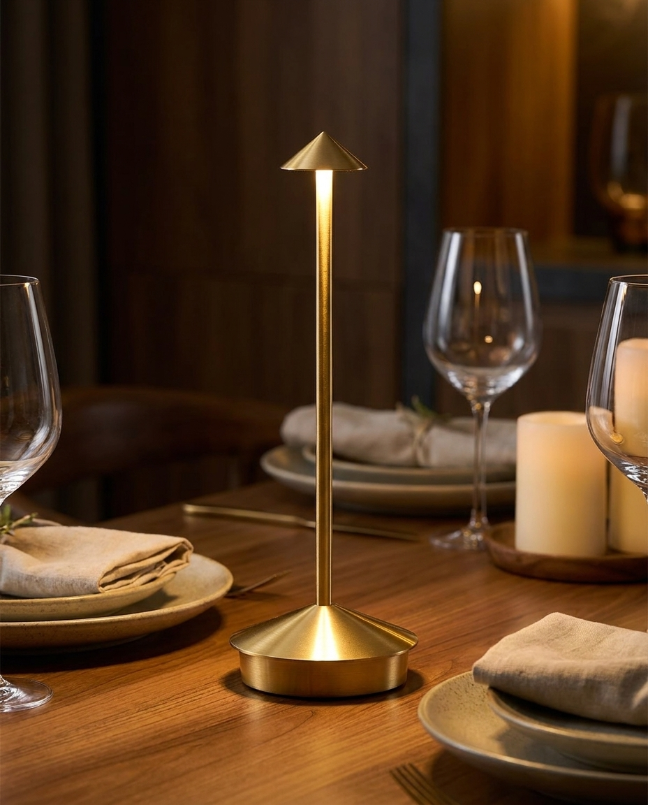 Pina gold cordless mushroom-top table lamp on a dining table
