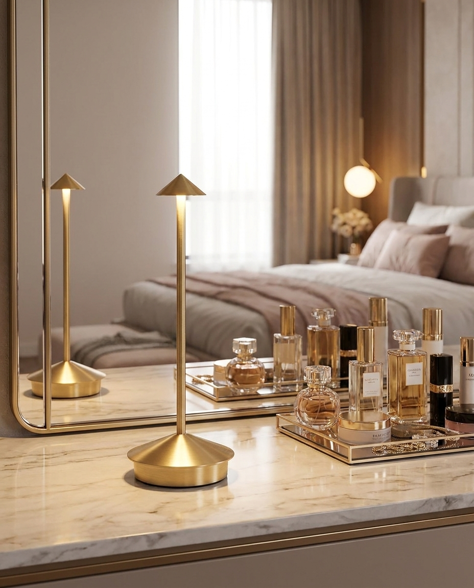 Pina gold cordless mushroom-top table lamp on a vanity desk