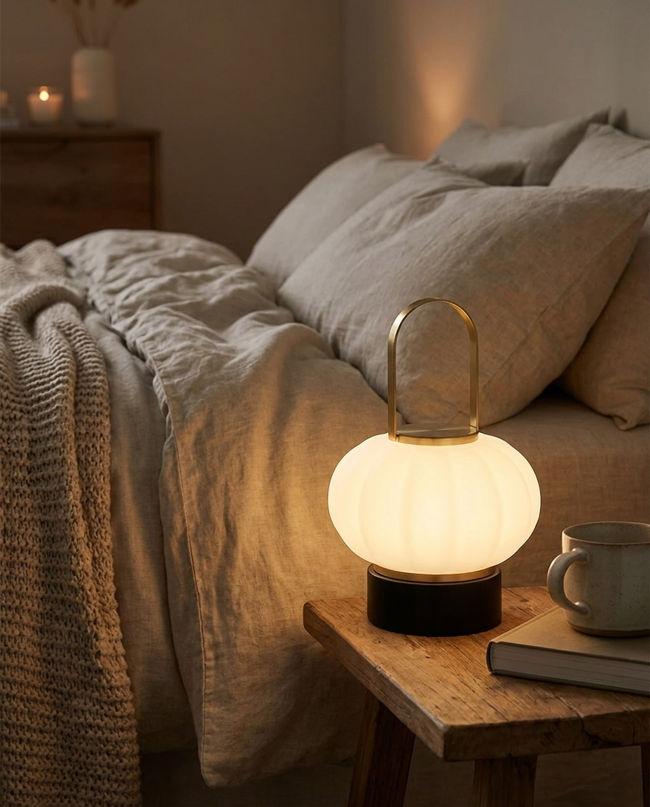 Faro cordless Nordic lantern lamp on a bedroom nightstand