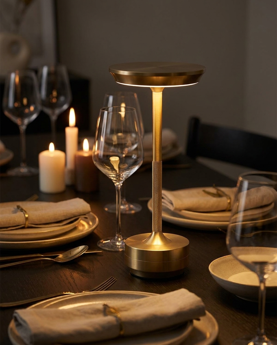 Orbit gold UFO metal table lamp on a dining table