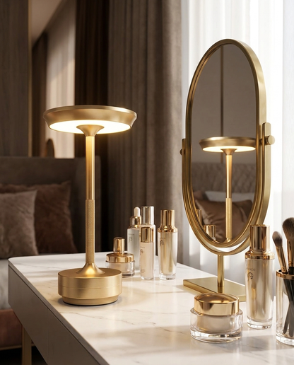 Orbit gold UFO metal table lamp on a vanity desk