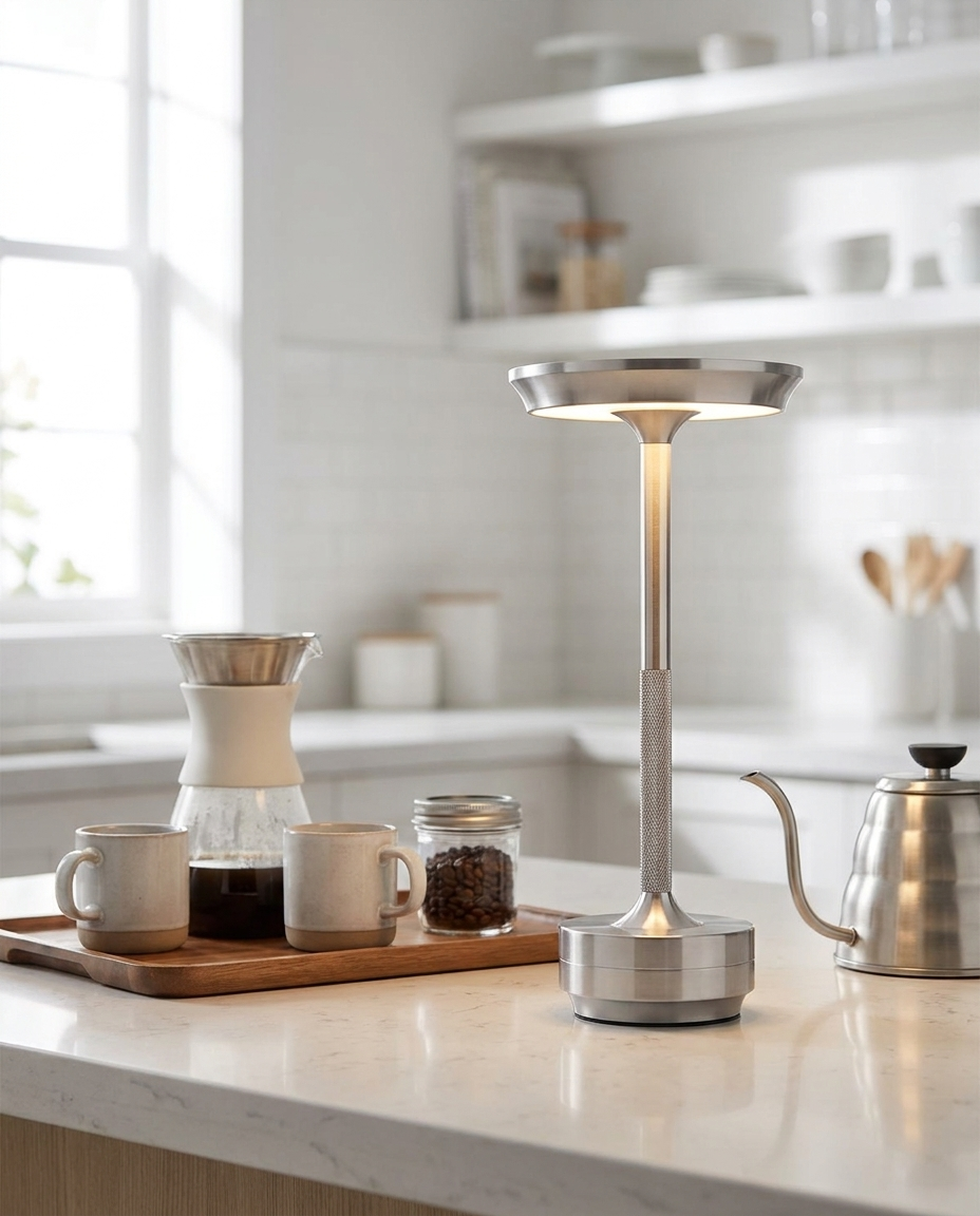 Orbit silver UFO metal table lamp on a kitchen counter
