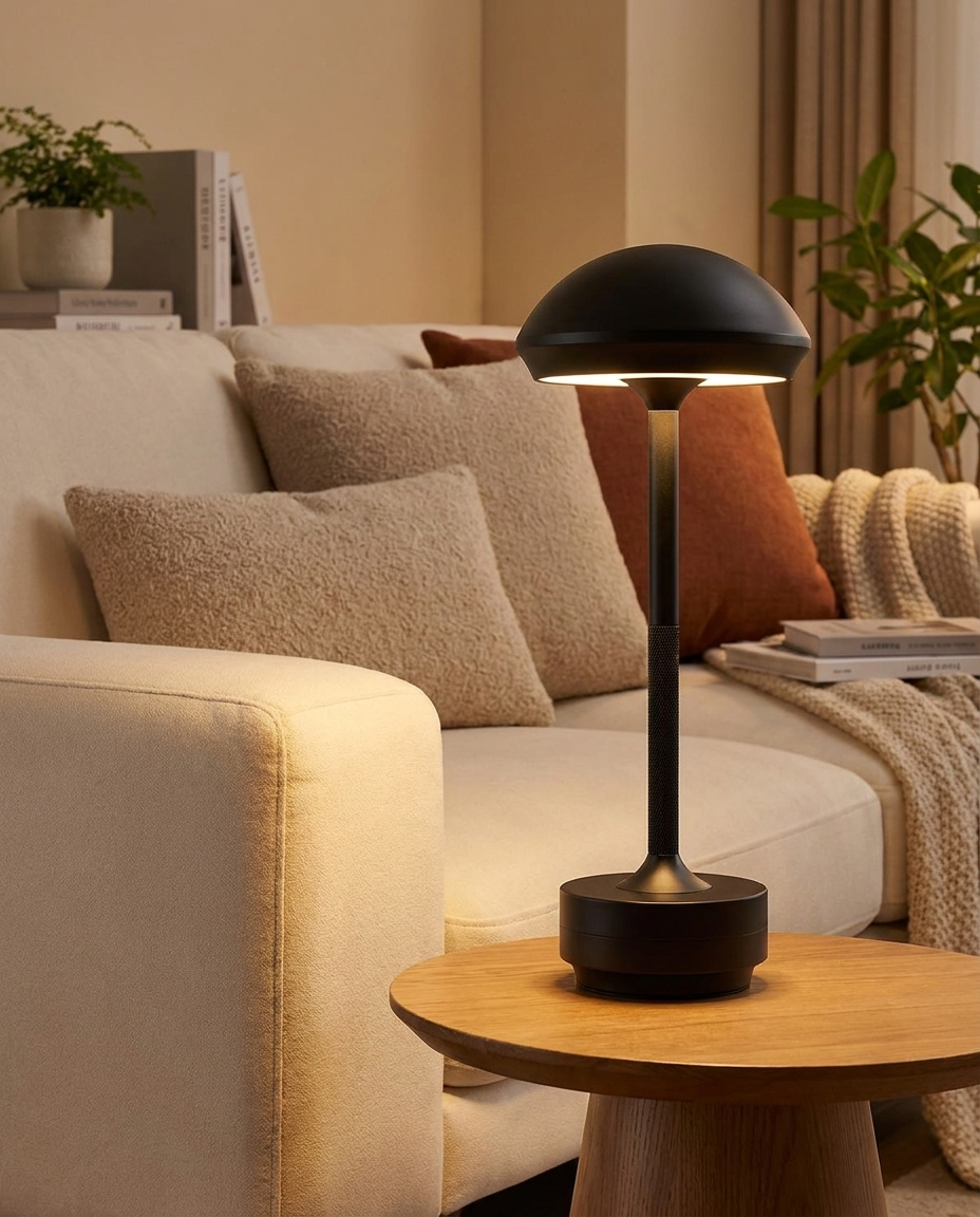 Orbit black UFO metal table lamp on a living room side table
