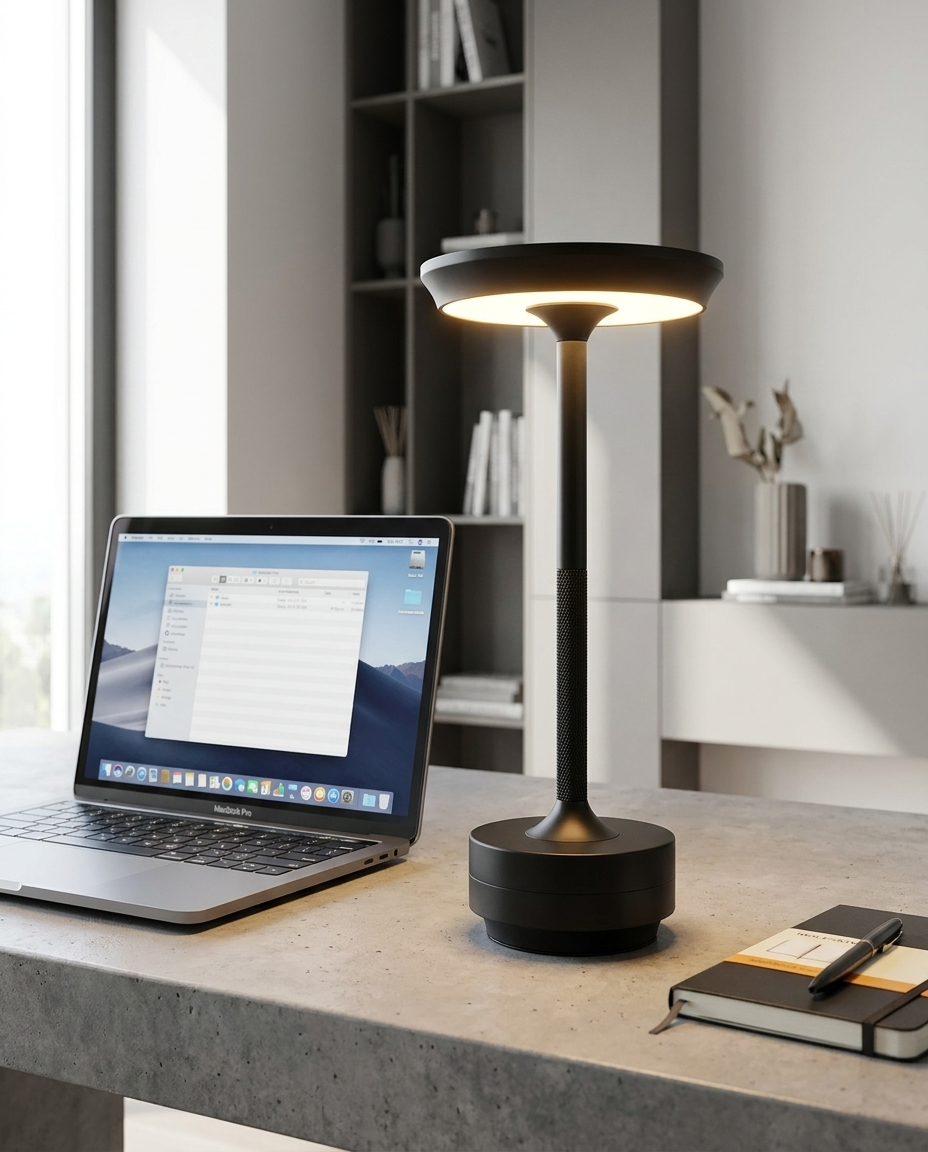 Orbit black UFO metal table lamp on a home office desk