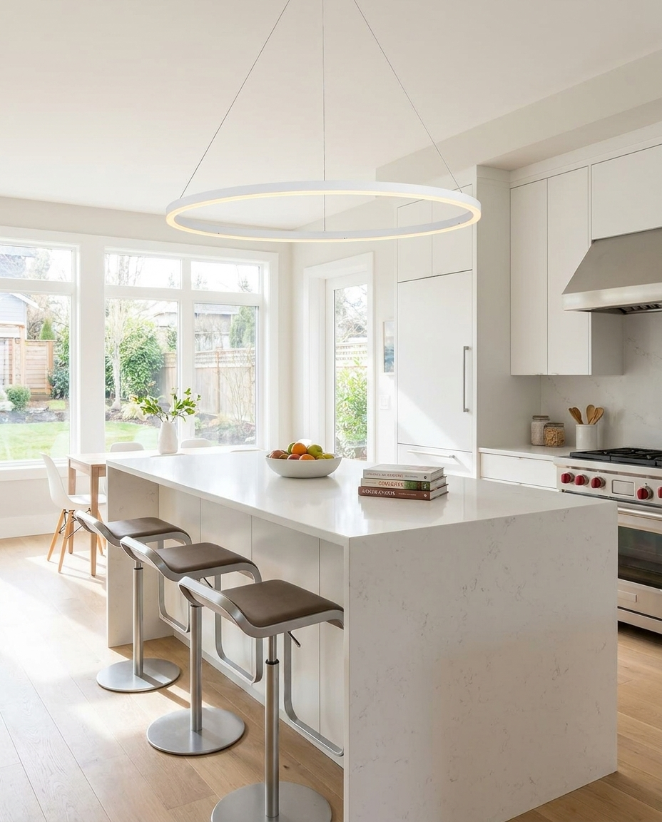 Halo white LED ring chandelier above a kitchen island