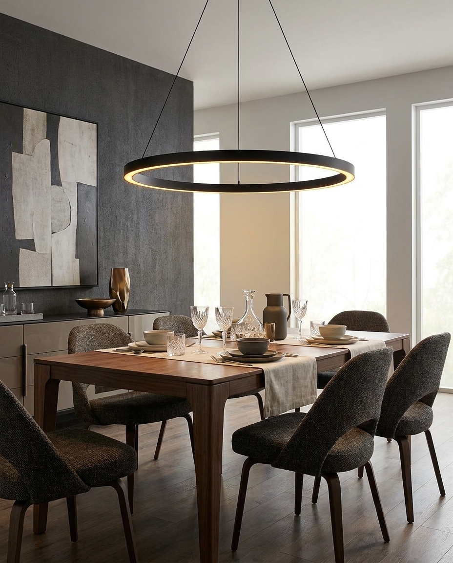 Halo black LED ring chandelier above a dining table