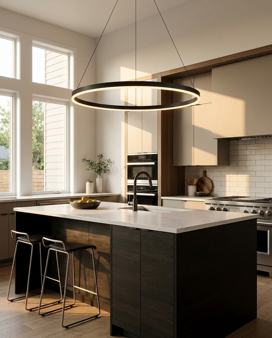 Halo black LED ring chandelier above a kitchen island