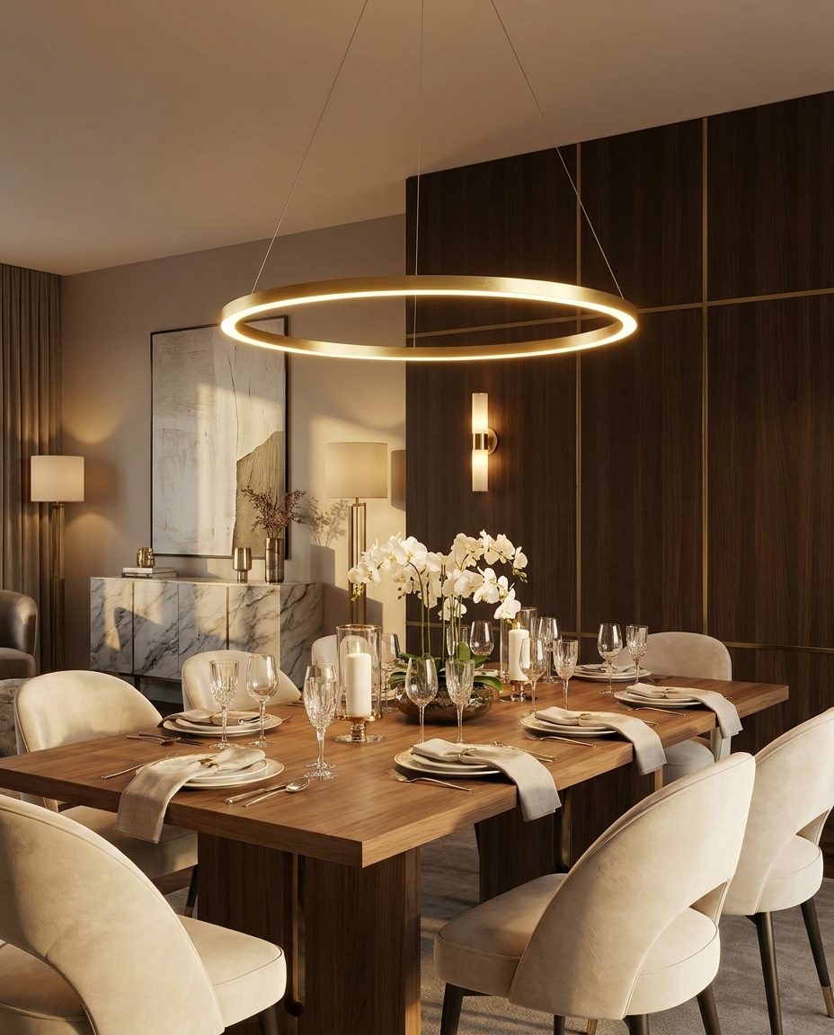 Halo gold LED ring chandelier above a dining table