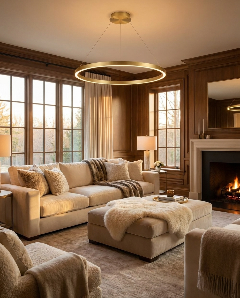 Halo gold LED ring chandelier above a living room