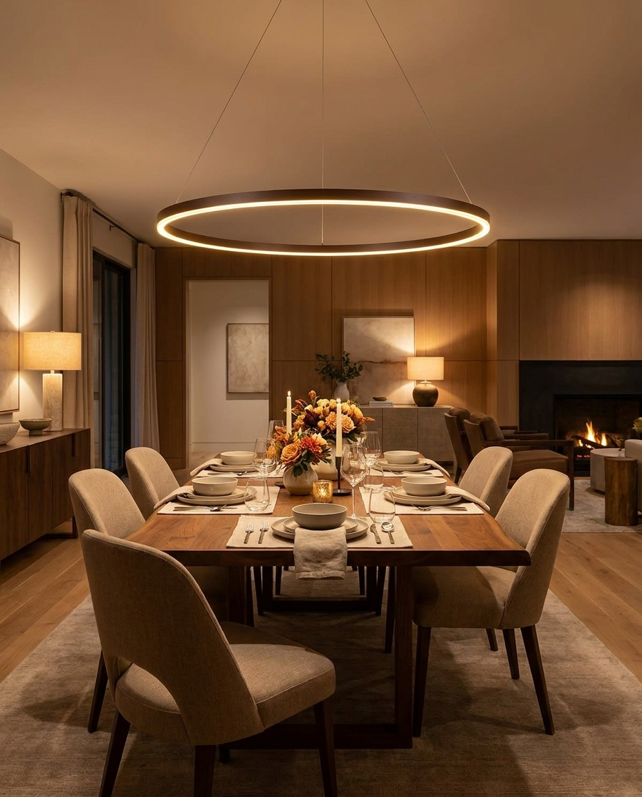 Halo coffee LED ring chandelier above a dining table