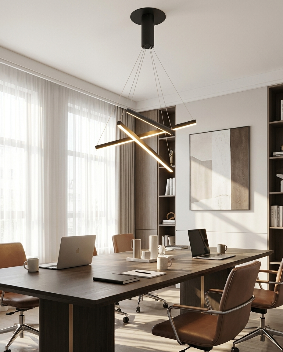 Linea LED linear chandelier above a meeting room table