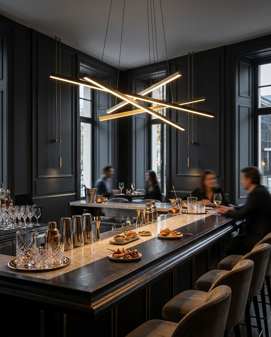 Linea LED linear chandelier above a bar counter