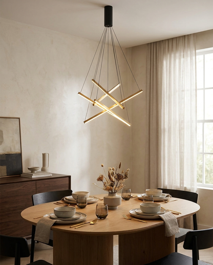 Linea 3-light criss linear chandelier above a dining table