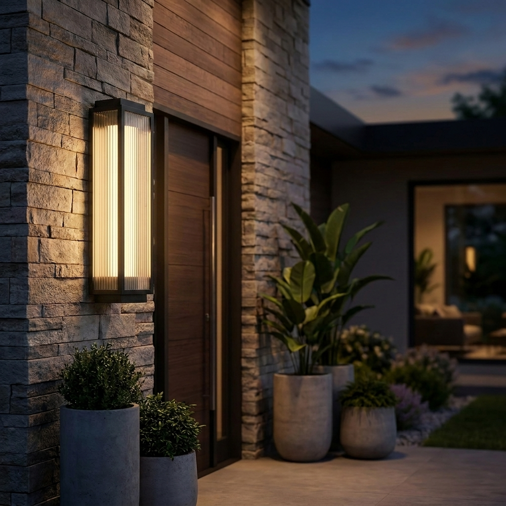 Solène Reeded Glass Outdoor Wall Sconce lifestyle - mounted at a modern home entrance at dusk