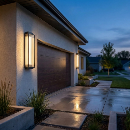 Solène sconce beside modern garage door at blue hour