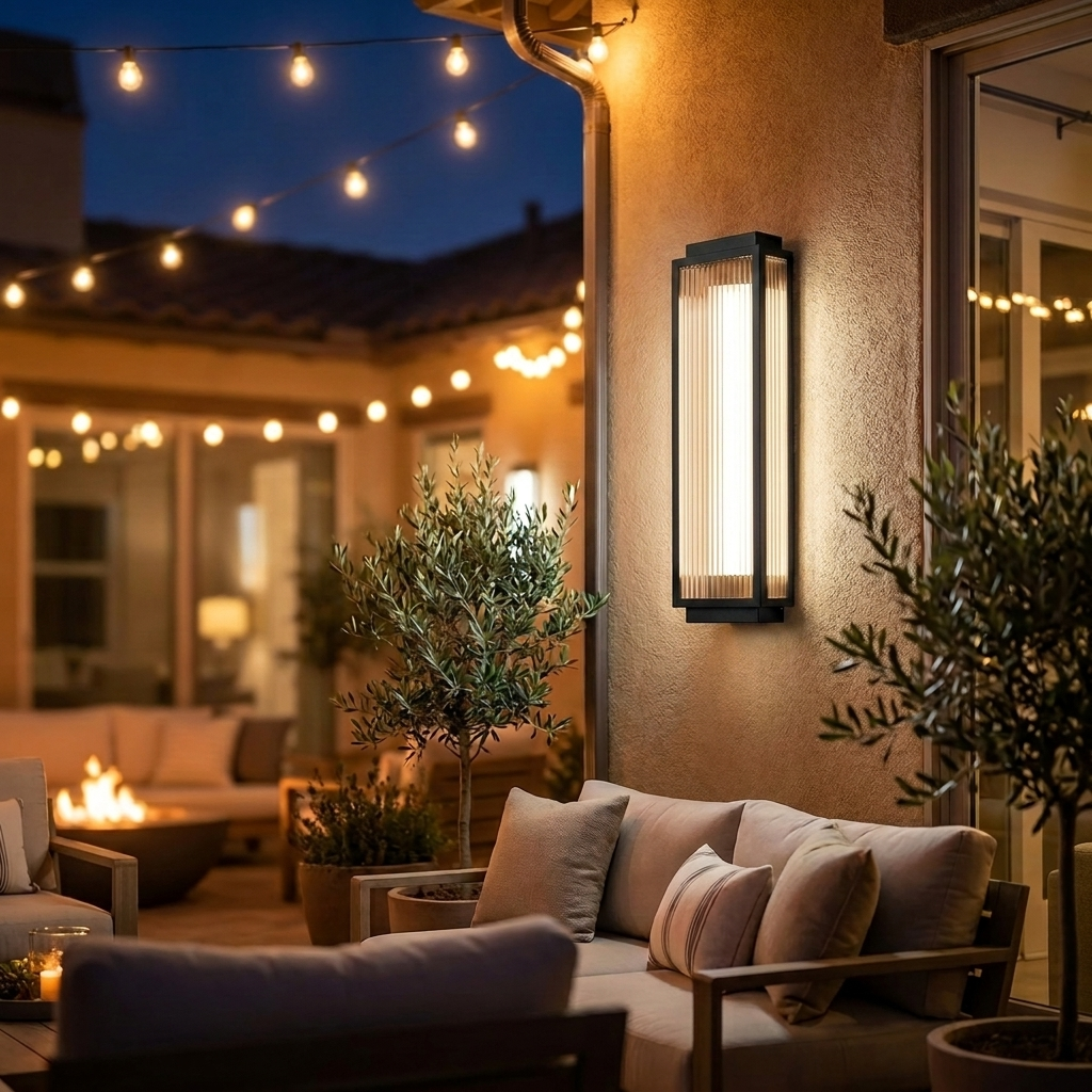 Solène sconce on backyard courtyard wall at night