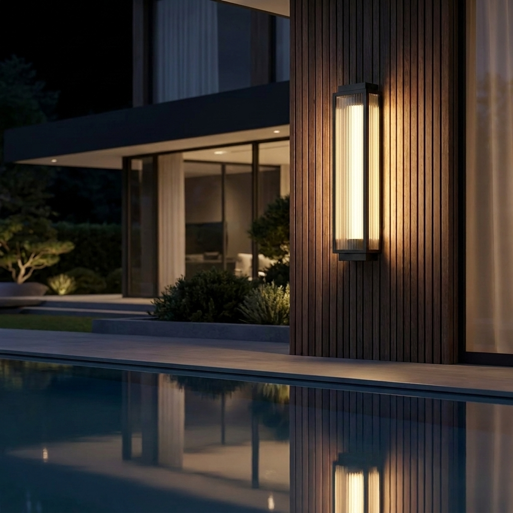 Solène sconce on luxury villa facade with pool at night
