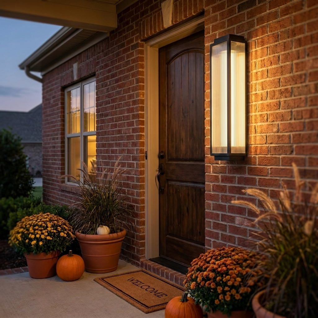 Solène sconce beside wooden front door on brick porch at evening