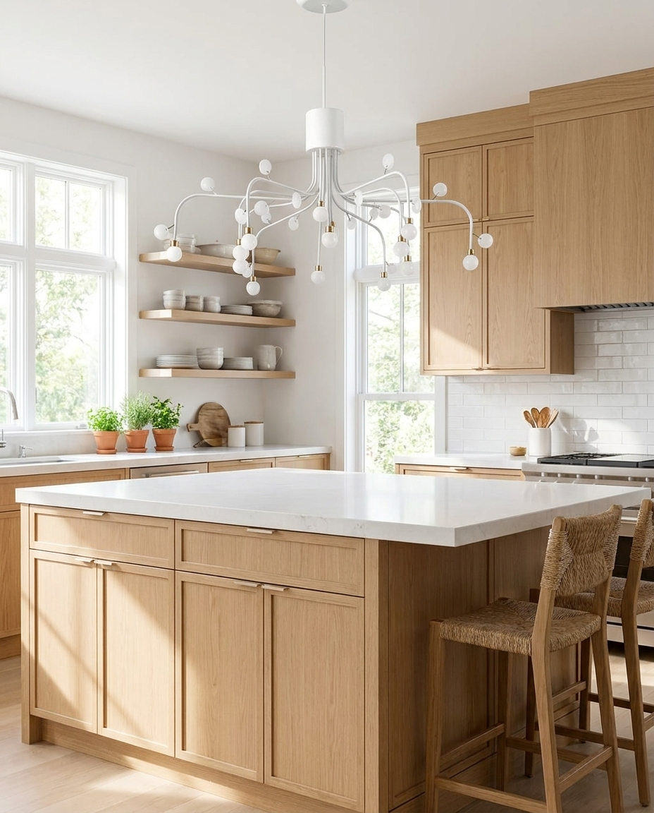 Lunova chandelier in white finish above a Scandinavian kitchen island