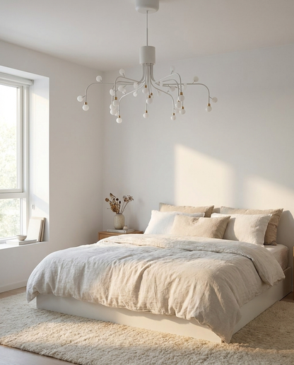 Lunova chandelier in white finish in a minimalist bedroom