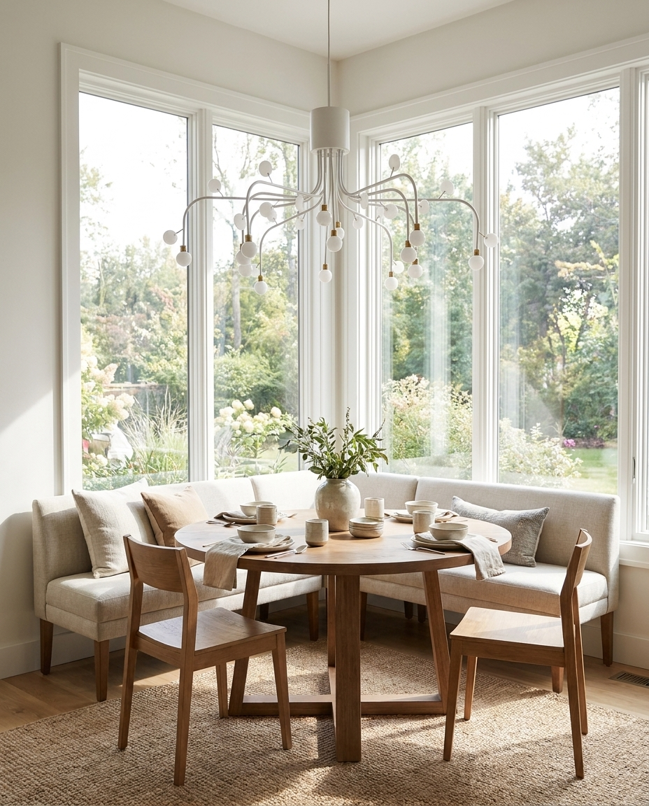 Lunova chandelier in white finish over a window dining nook