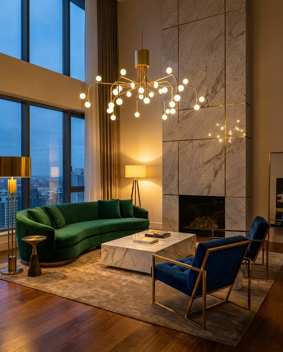 Lunova chandelier in gold finish in a luxury living room