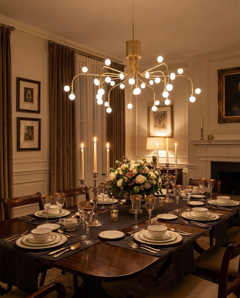 Lunova chandelier in gold finish above a formal dining table