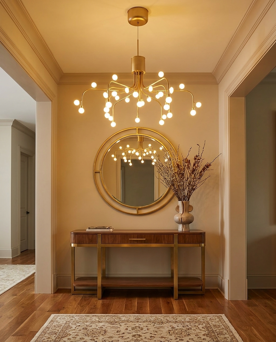 Lunova chandelier in gold finish in an upscale entryway