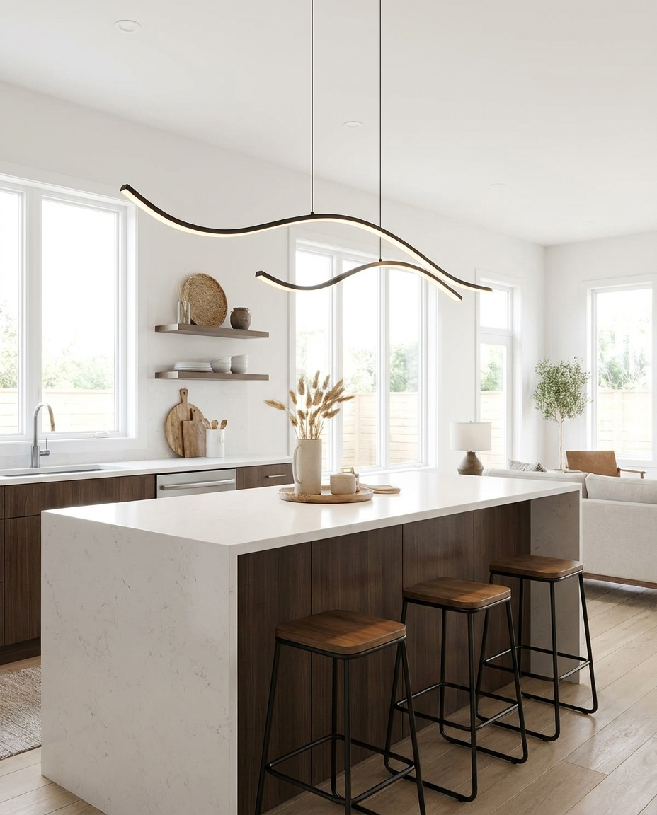 Ondeva black curved wave pendant over a modern kitchen island