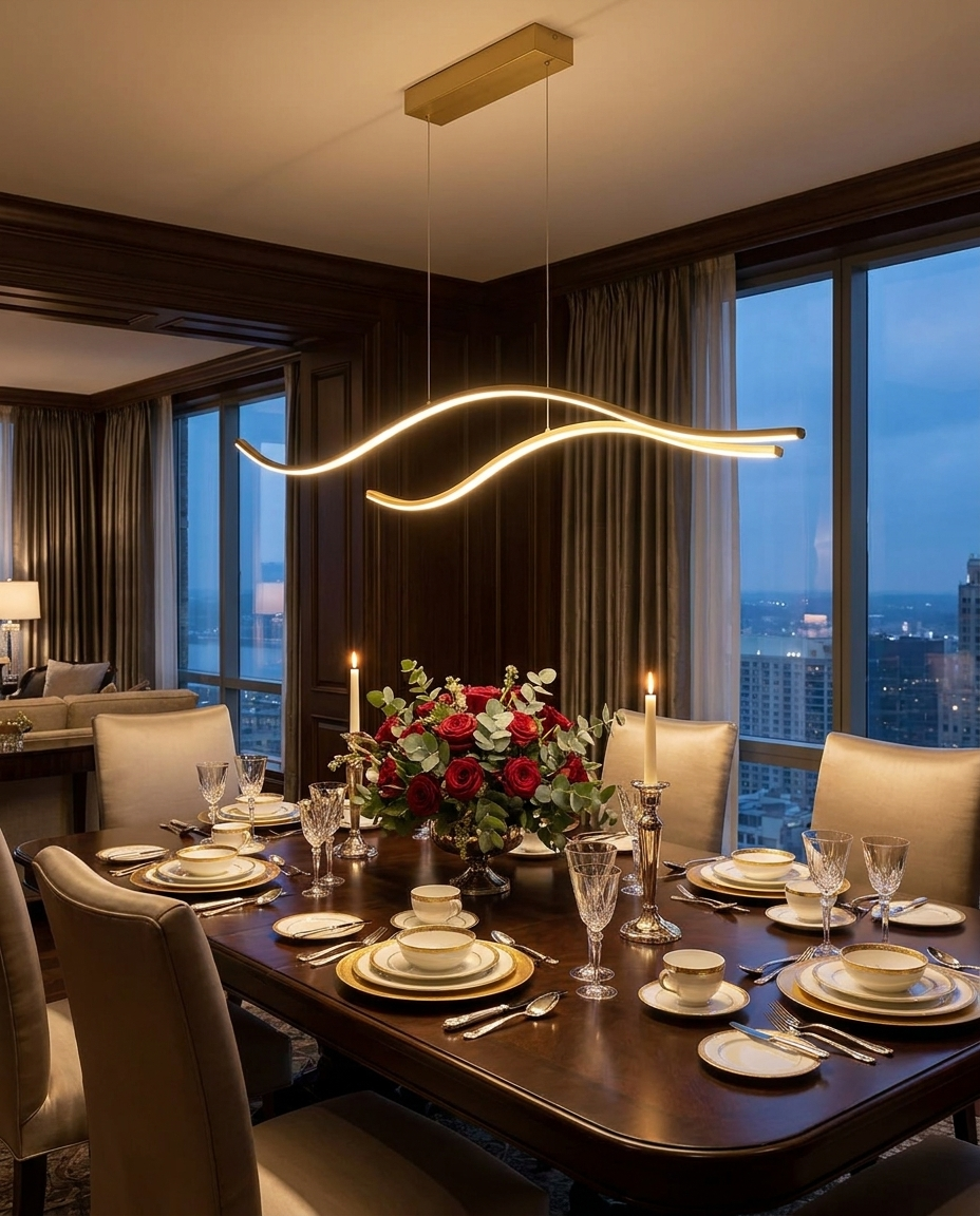 Ondeva gold curved wave pendant over a formal dining table