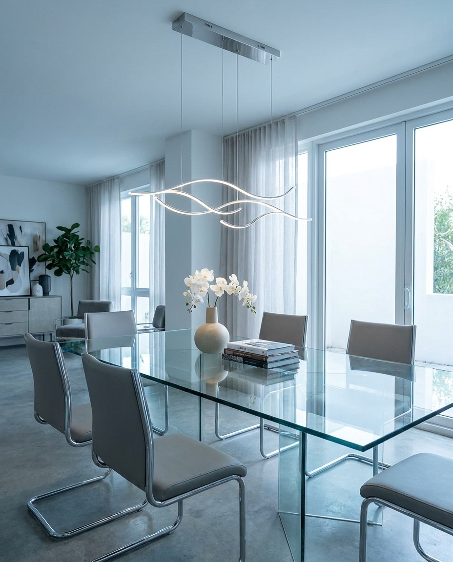 Ondeva chrome curved wave pendant over a glass dining table