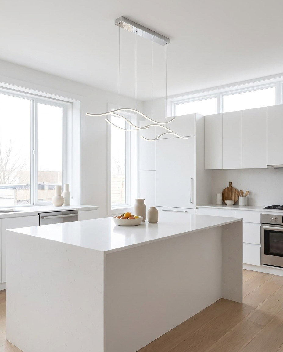 Ondeva chrome curved wave pendant over a minimalist kitchen island