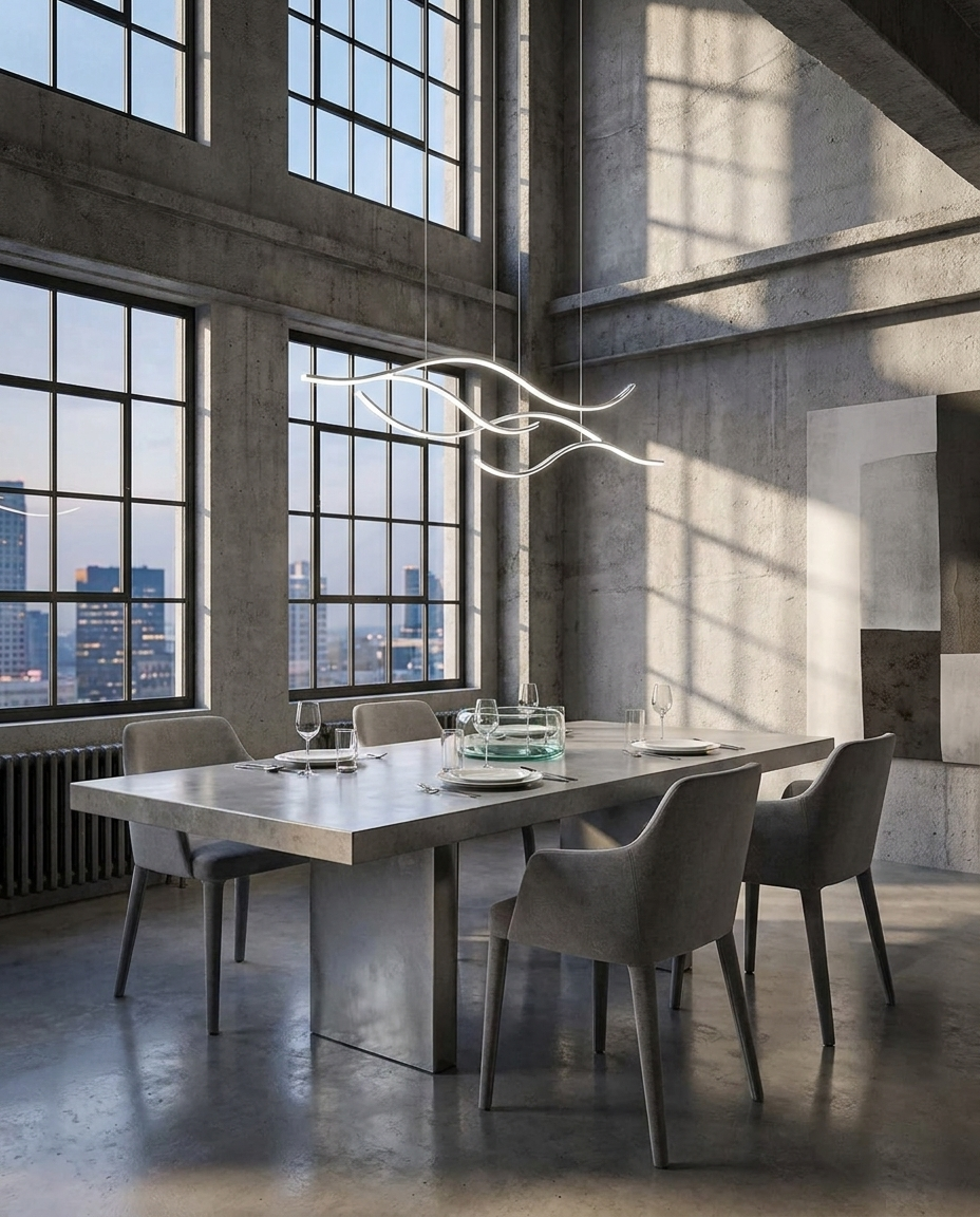 Ondeva chrome curved wave pendant over a loft dining area