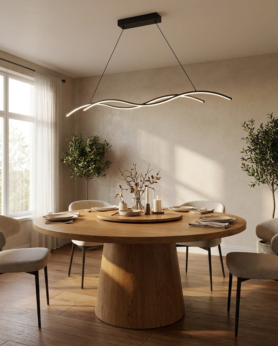 Marisse black wave pendant over a round dining table