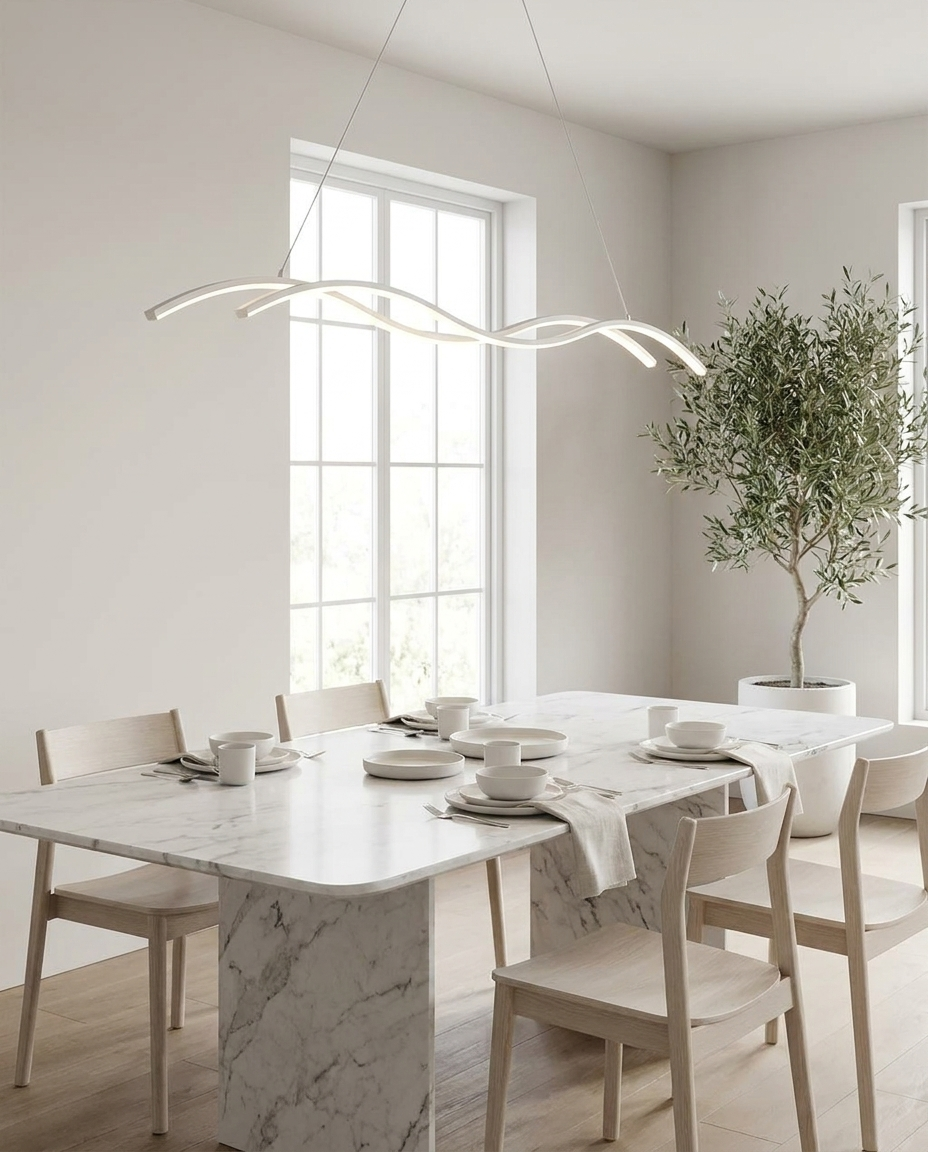 Marisse white wave pendant over a marble dining table