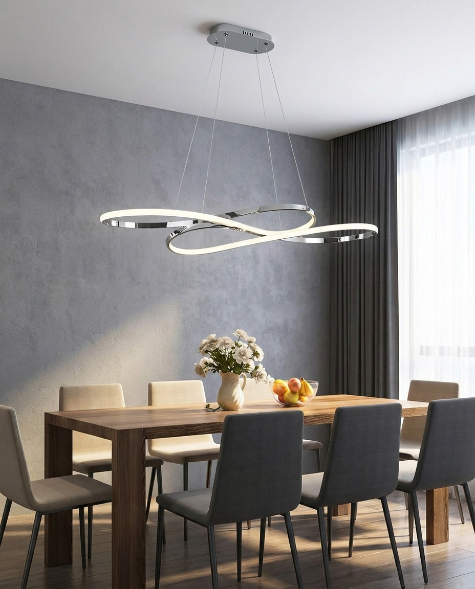 Vellora silver infinity chandelier over a modern dining table