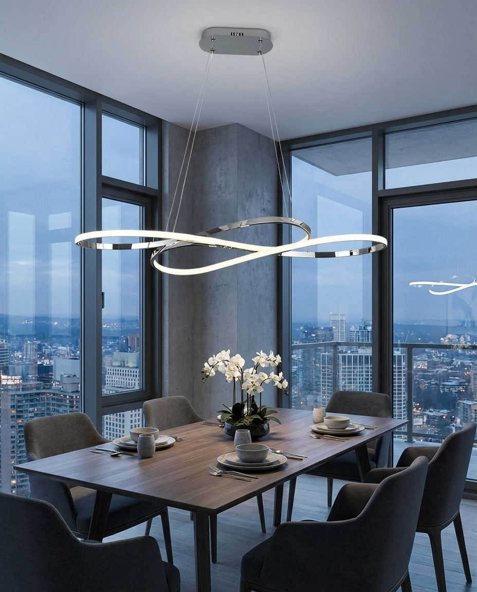 Vellora silver infinity chandelier in a contemporary dining area