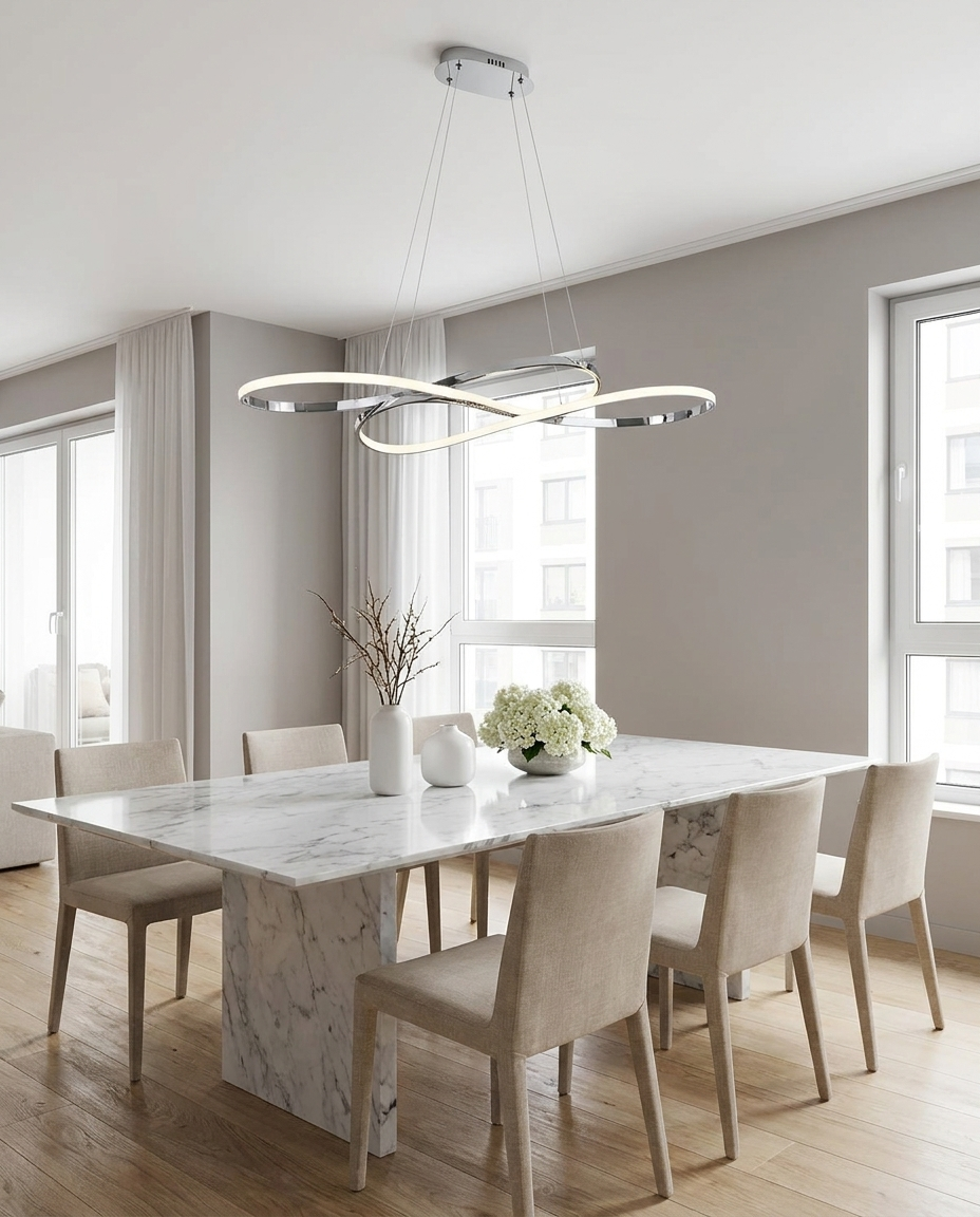 Vellora silver infinity chandelier in a minimalist dining room